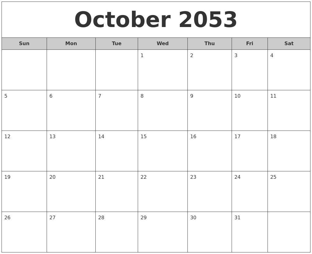 October 2053 Free Monthly Calendar