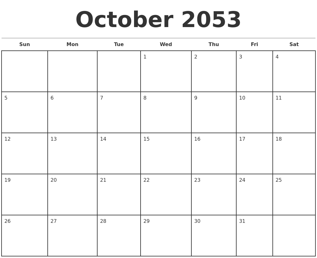 October 2053 Monthly Calendar Template