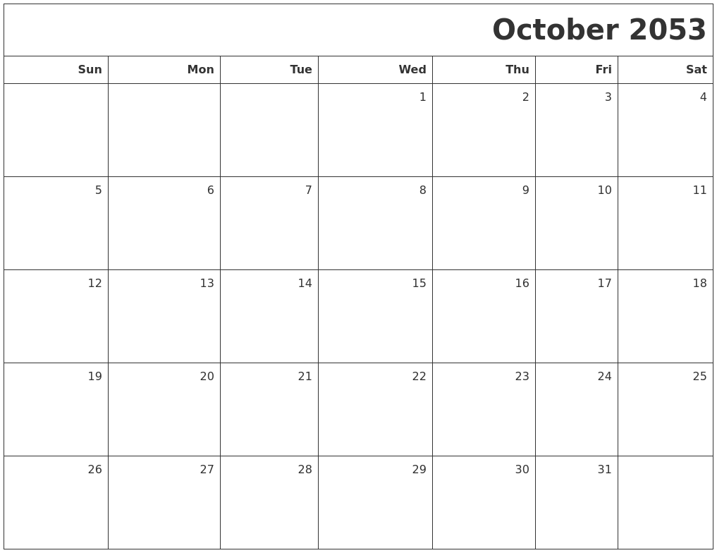 October 2053 Printable Blank Calendar