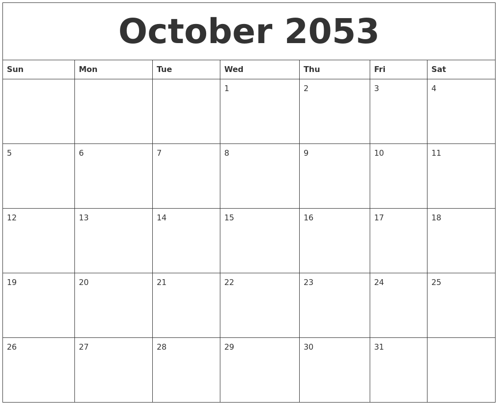 October 2053 Printable Calendar Free