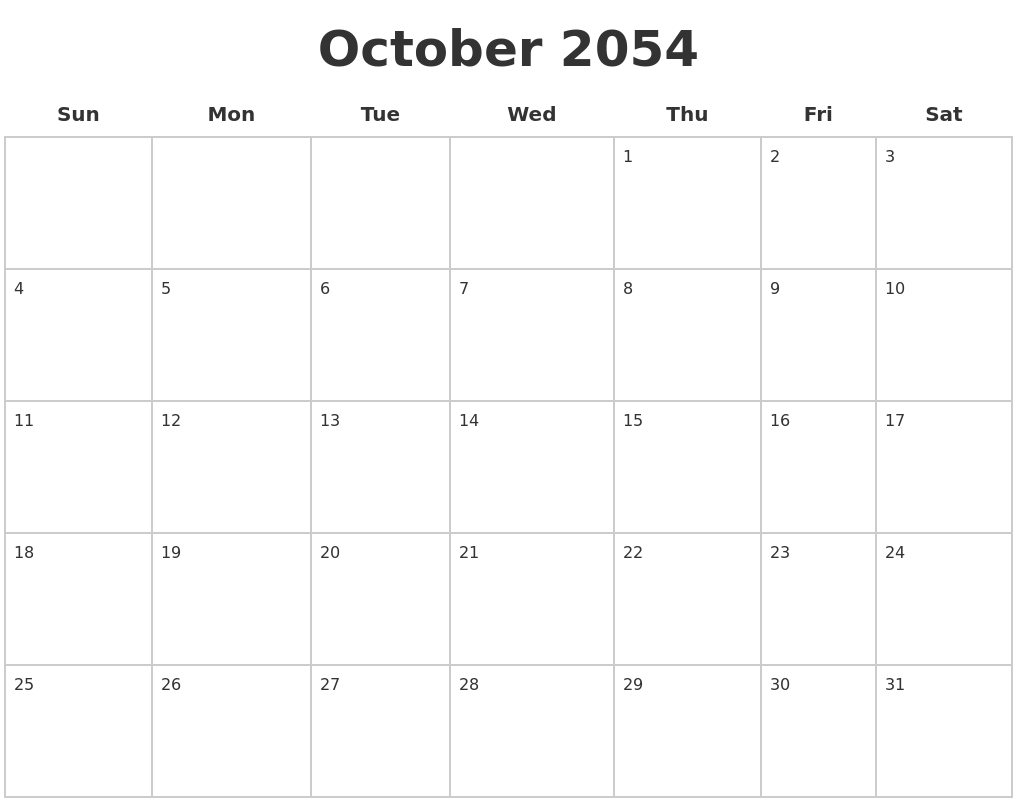 October 2054 Blank Calendar Pages