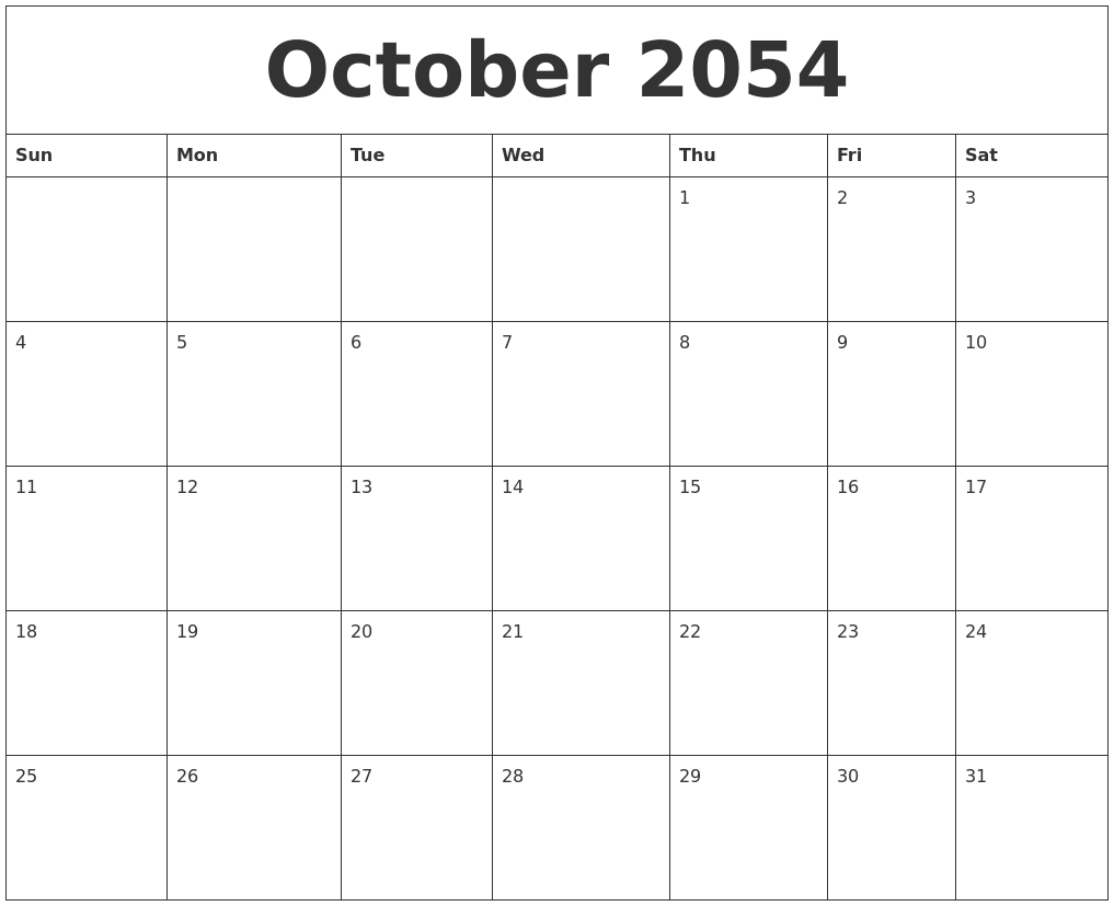 October 2054 Blank Calendar Printable