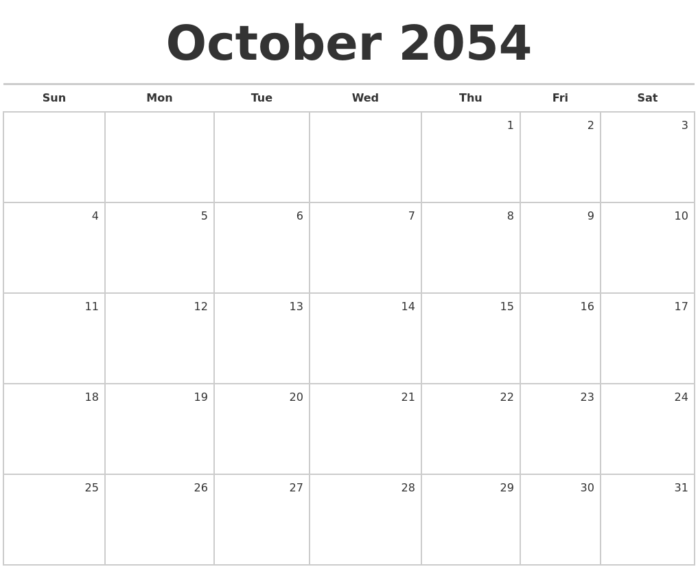 October 2054 Blank Monthly Calendar