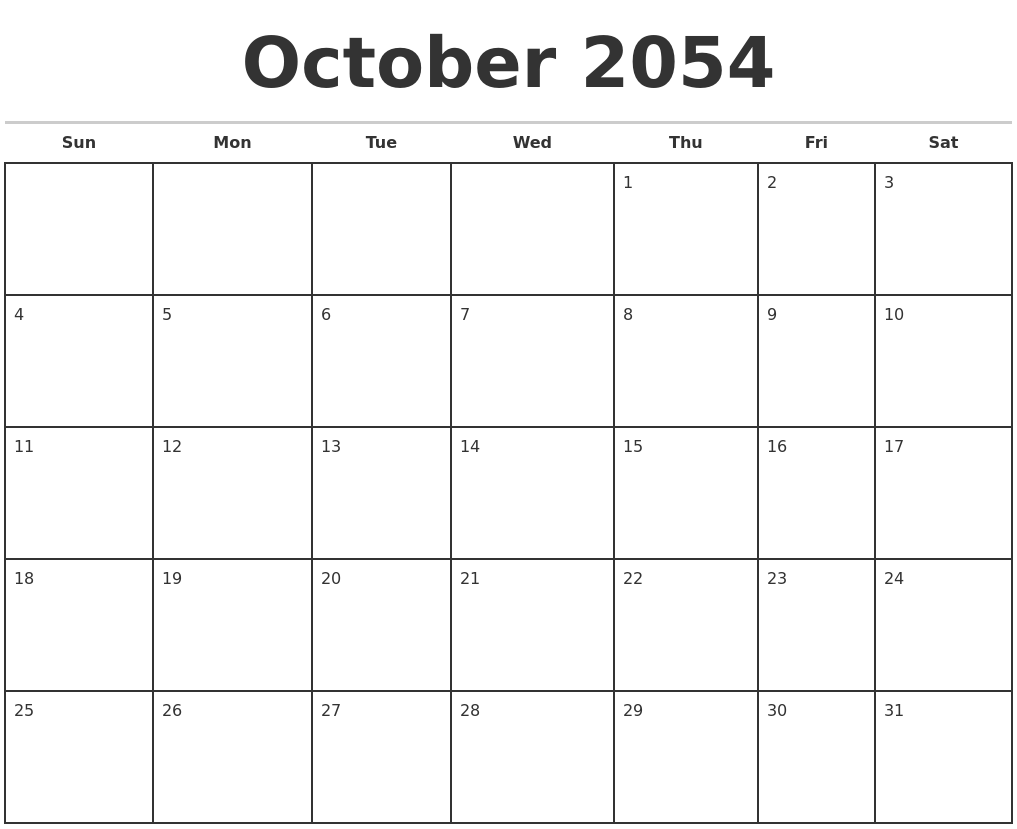 October 2054 Monthly Calendar Template