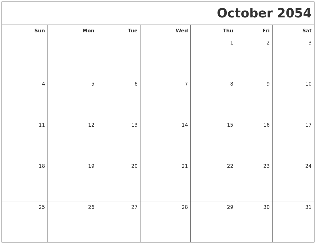 October 2054 Printable Blank Calendar