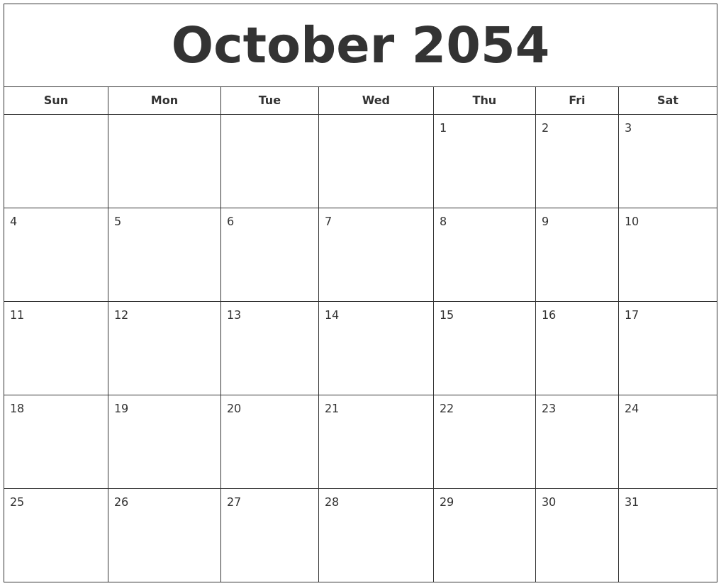 October 2054 Printable Calendar