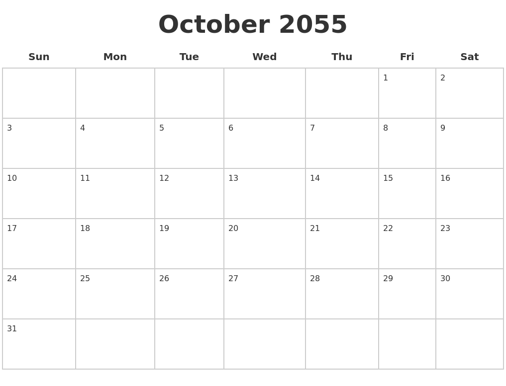 October 2055 Blank Calendar Pages