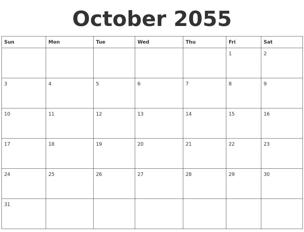 October 2055 Blank Calendar Template