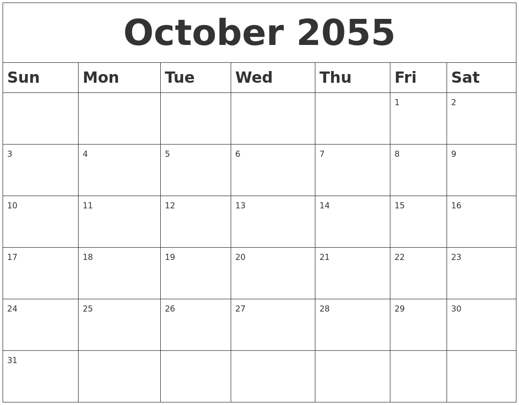 October 2055 Blank Calendar