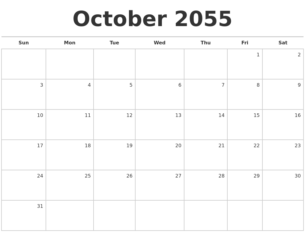 October 2055 Blank Monthly Calendar