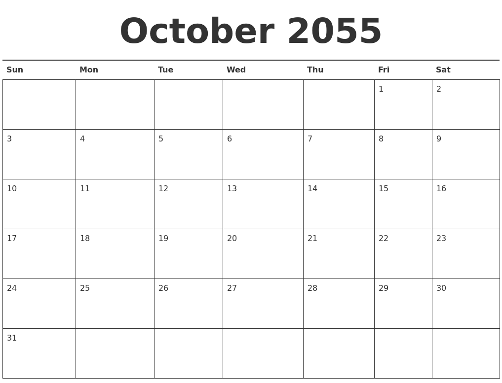 October 2055 Calendar Printable