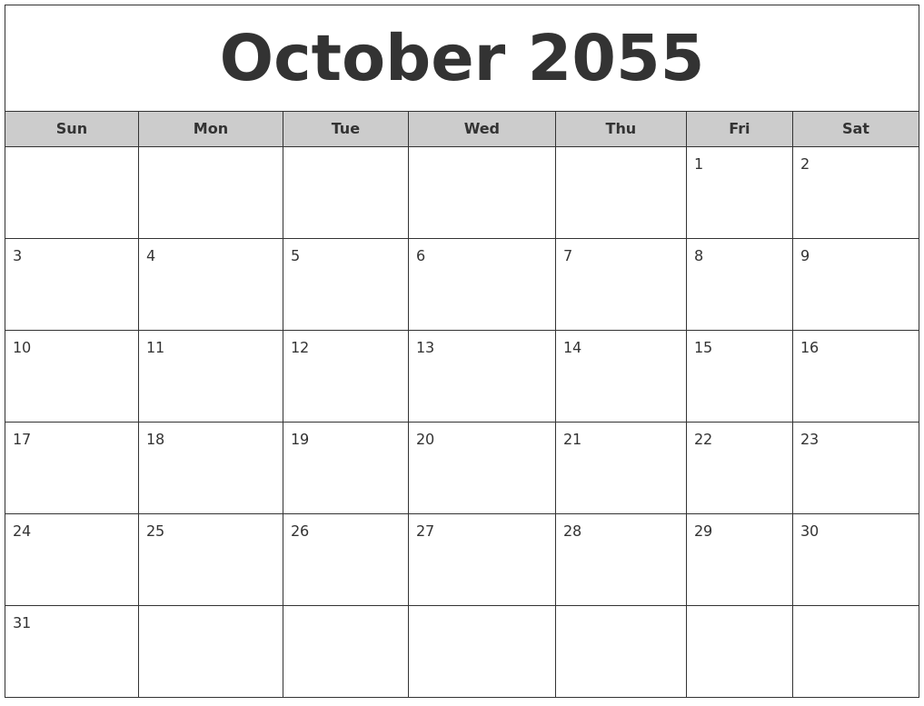 October 2055 Free Monthly Calendar