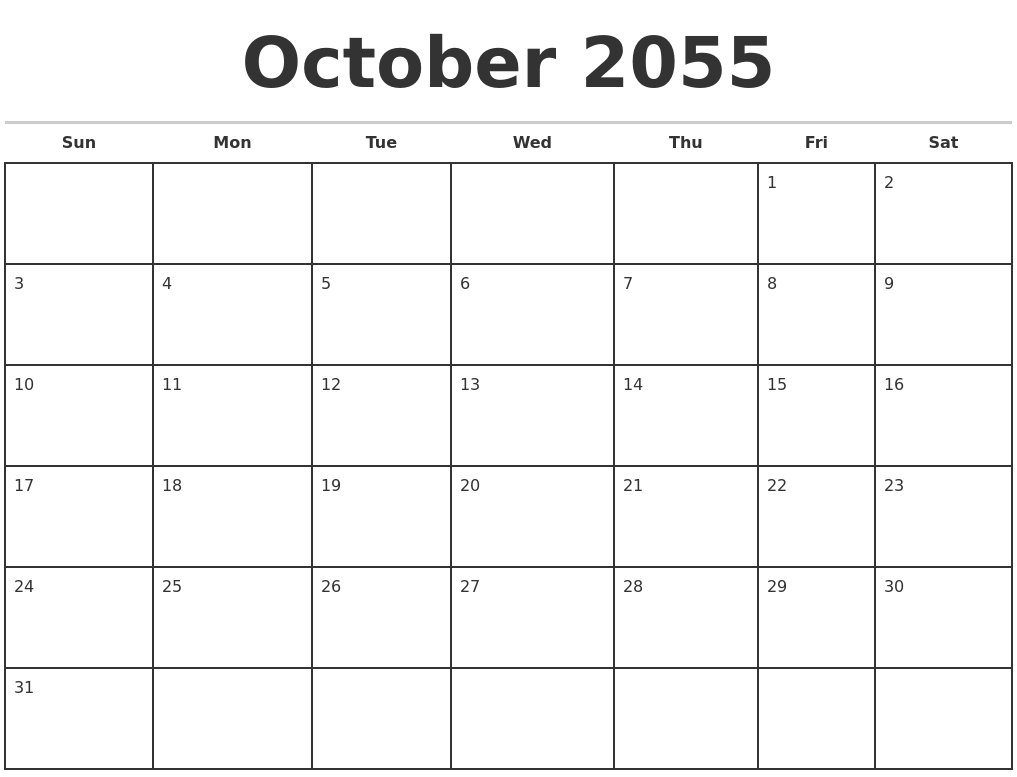 October 2055 Monthly Calendar Template
