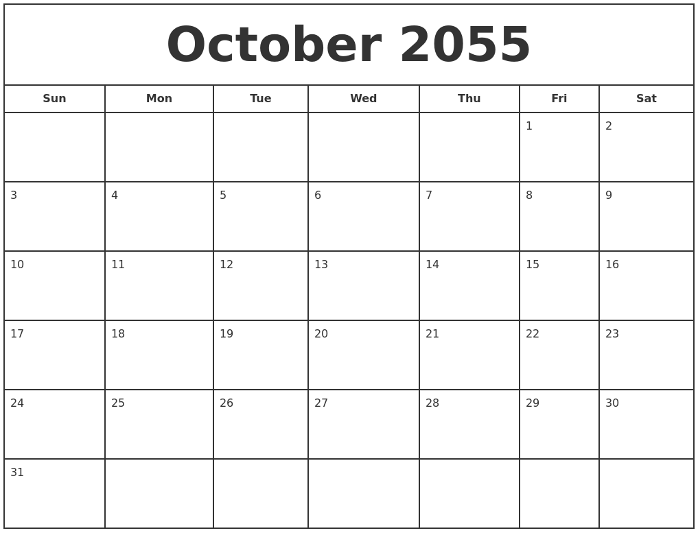 October 2055 Print Free Calendar
