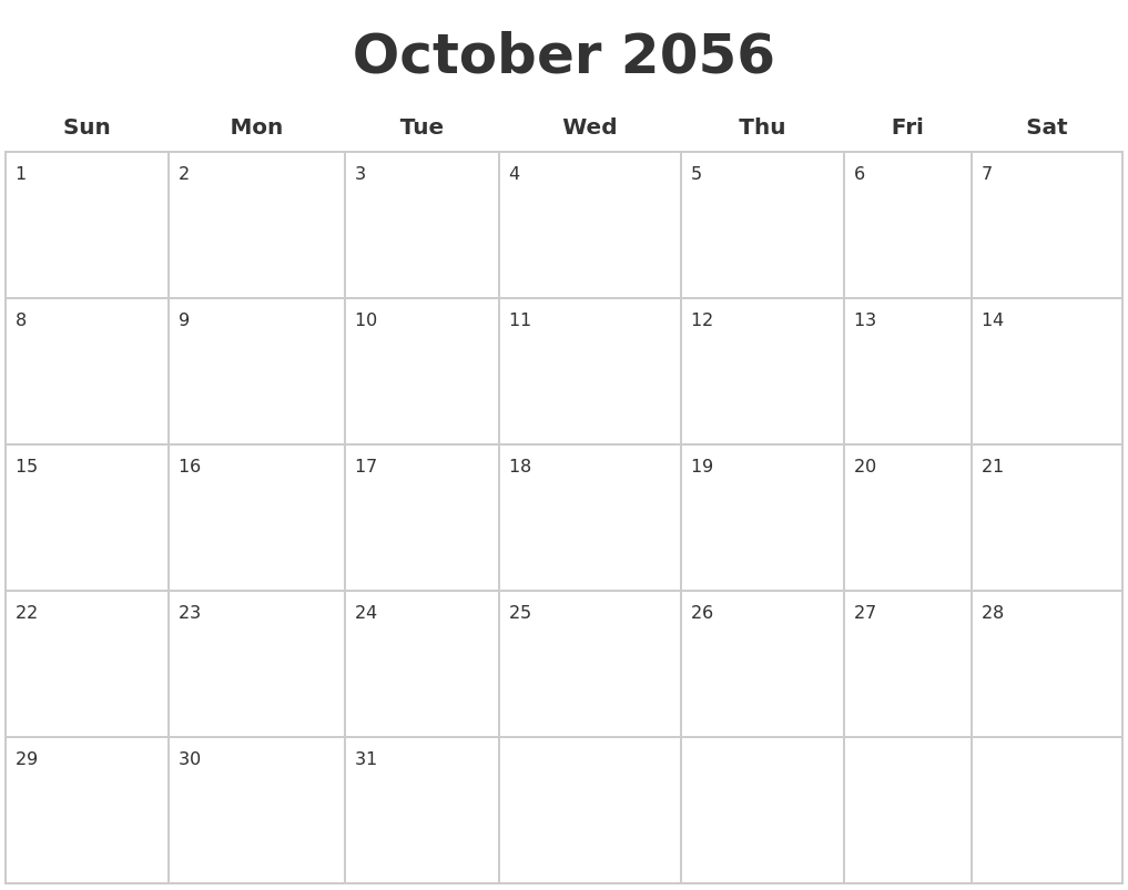 October 2056 Blank Calendar Pages