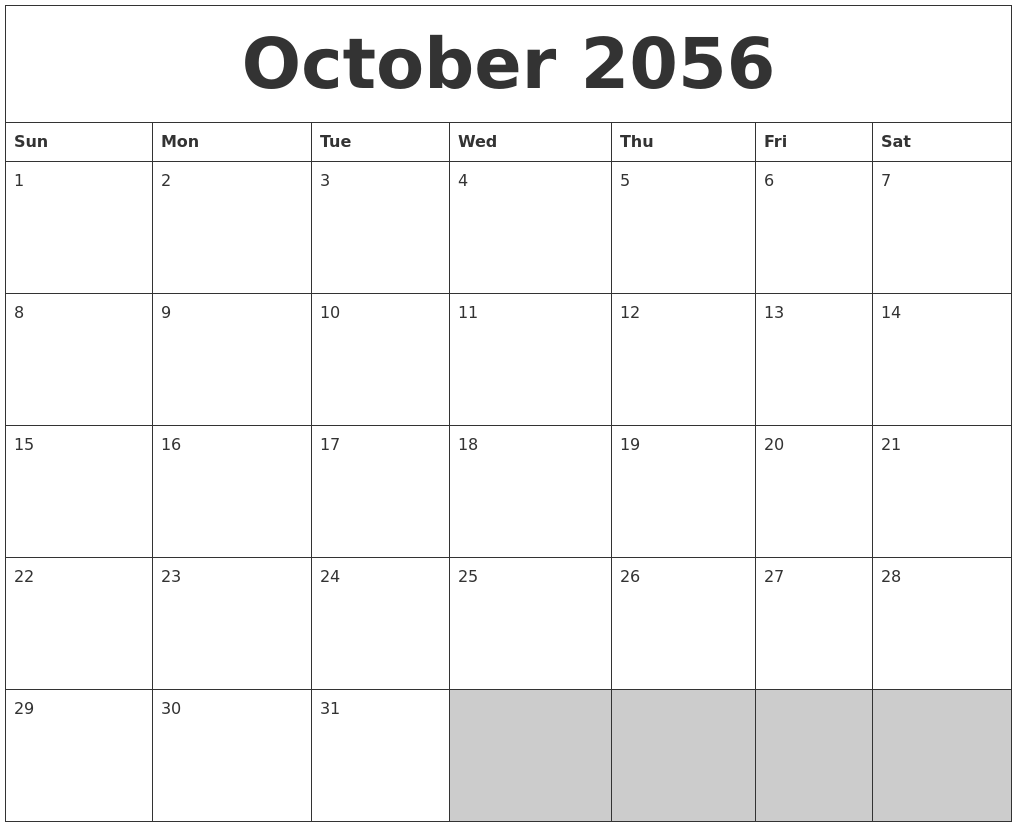 October 2056 Blank Printable Calendar