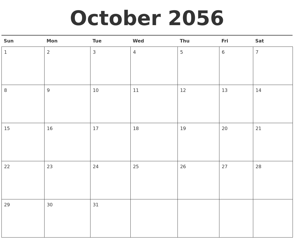 October 2056 Calendar Printable