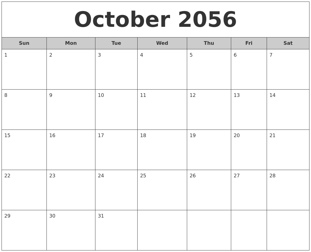 October 2056 Free Monthly Calendar