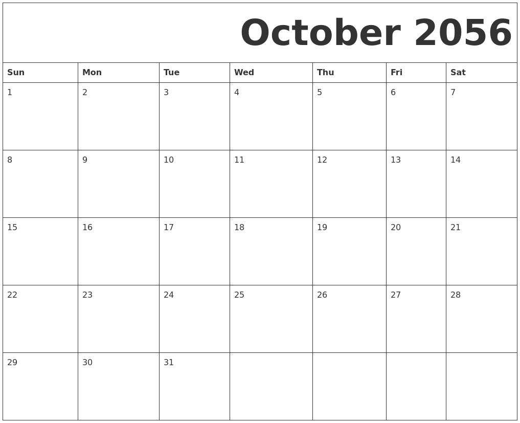 October 2056 Free Printable Calendar