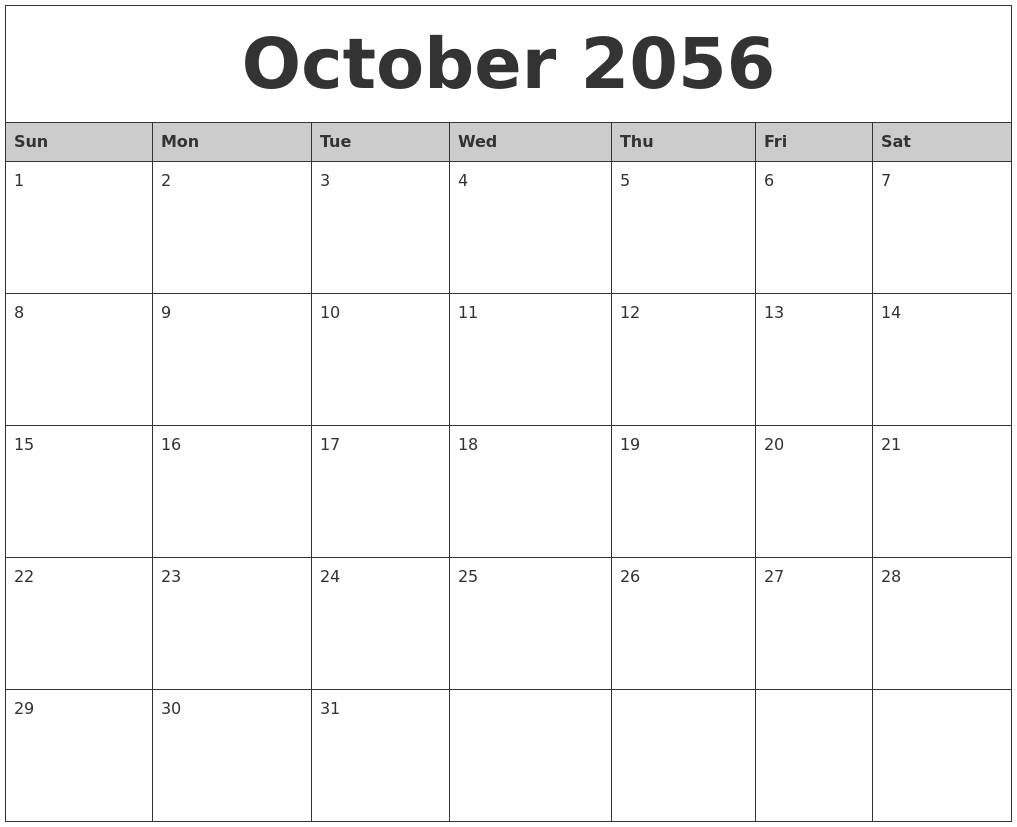 October 2056 Monthly Calendar Printable