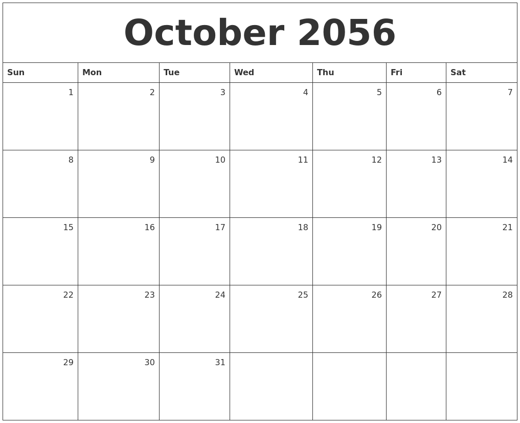 October 2056 Monthly Calendar