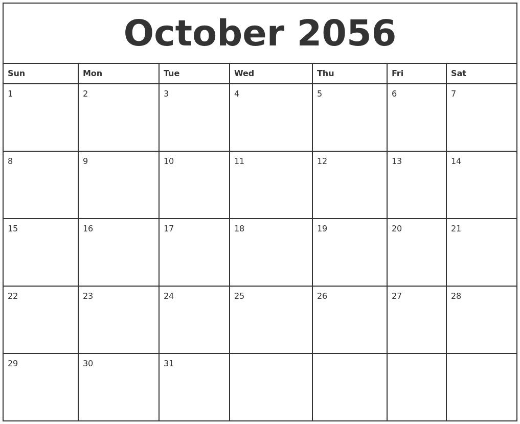October 2056 Printable Monthly Calendar