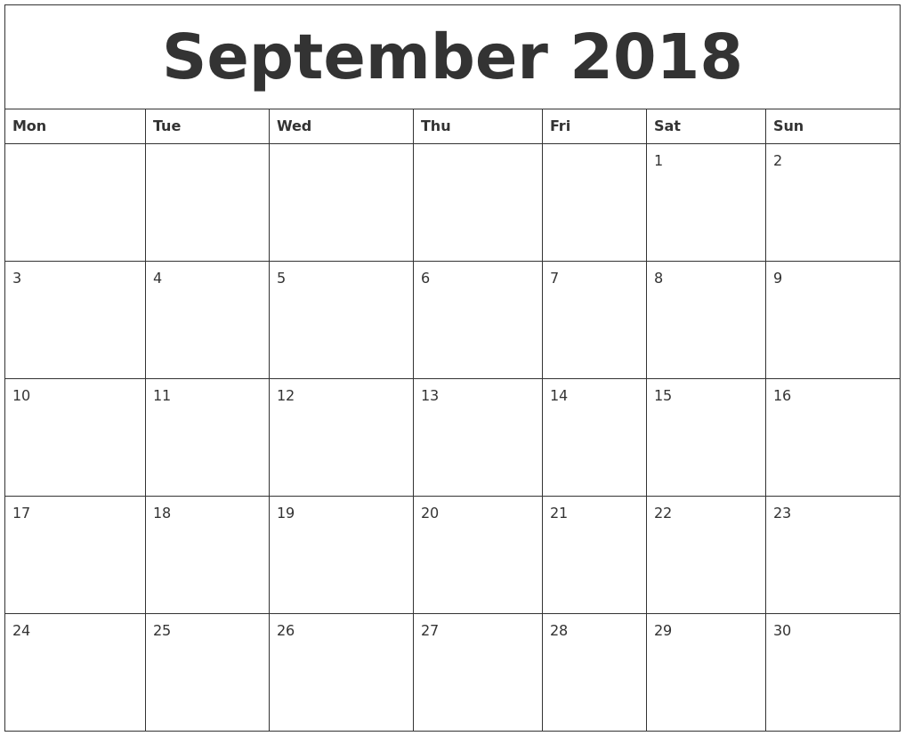 September 2018 Printable Calendar Template