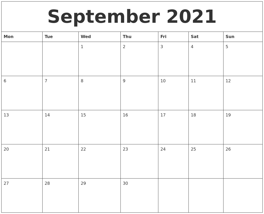 September 2021 Blank Calendar Printable