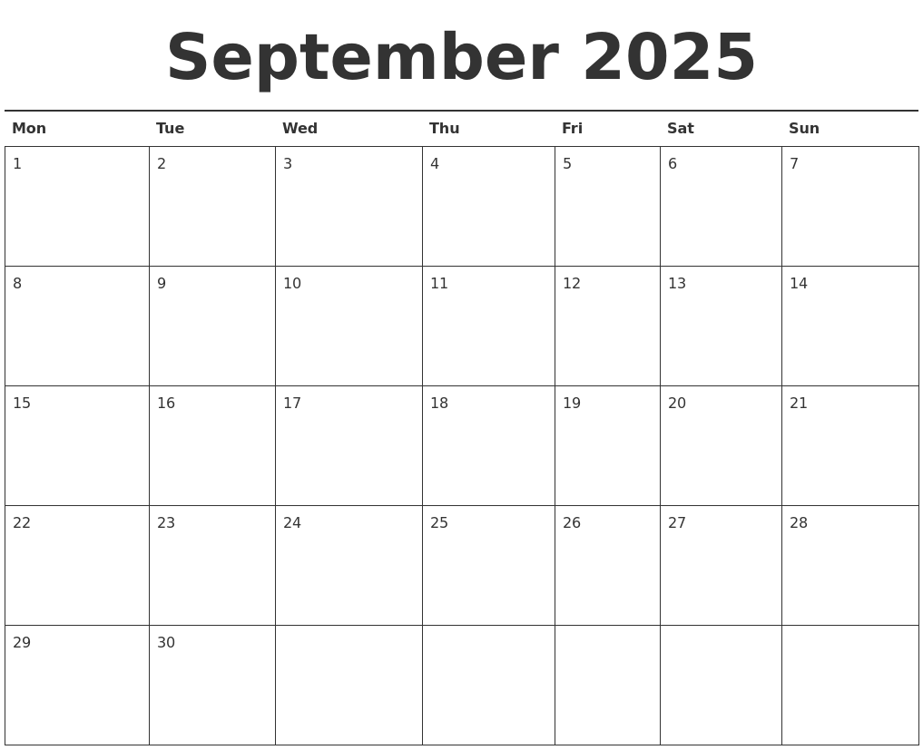 September 2025 Calendar Printable