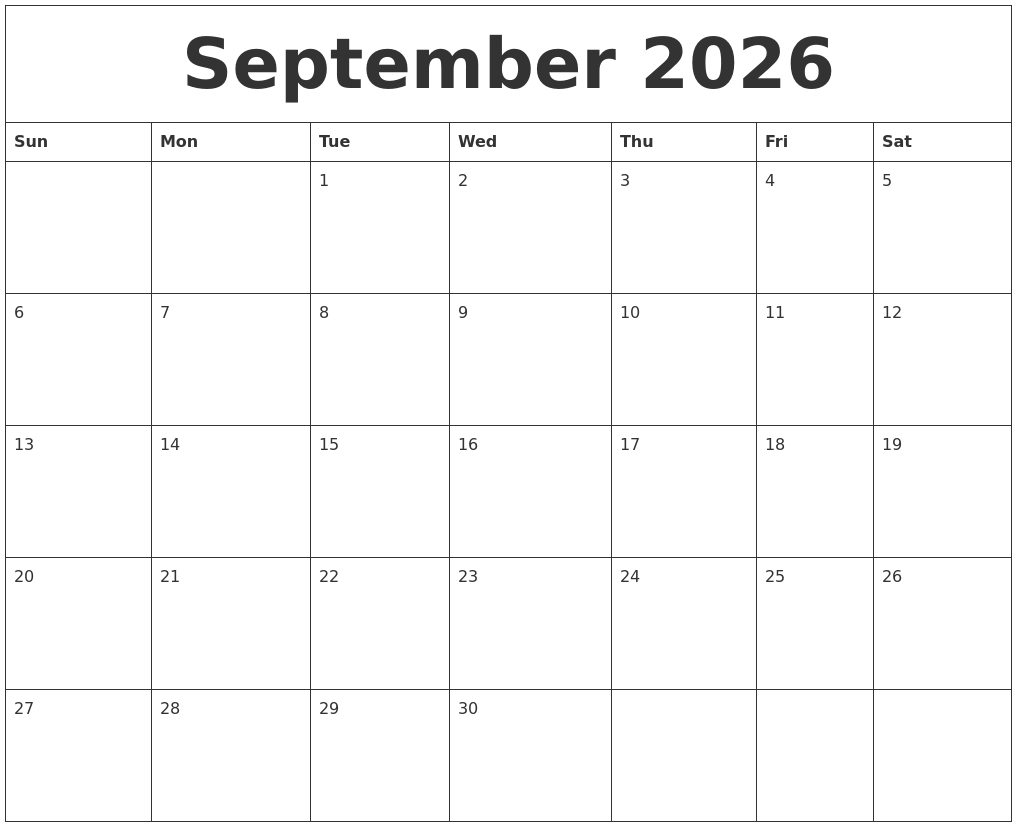 September 2026 Blank Monthly Calendar Pdf