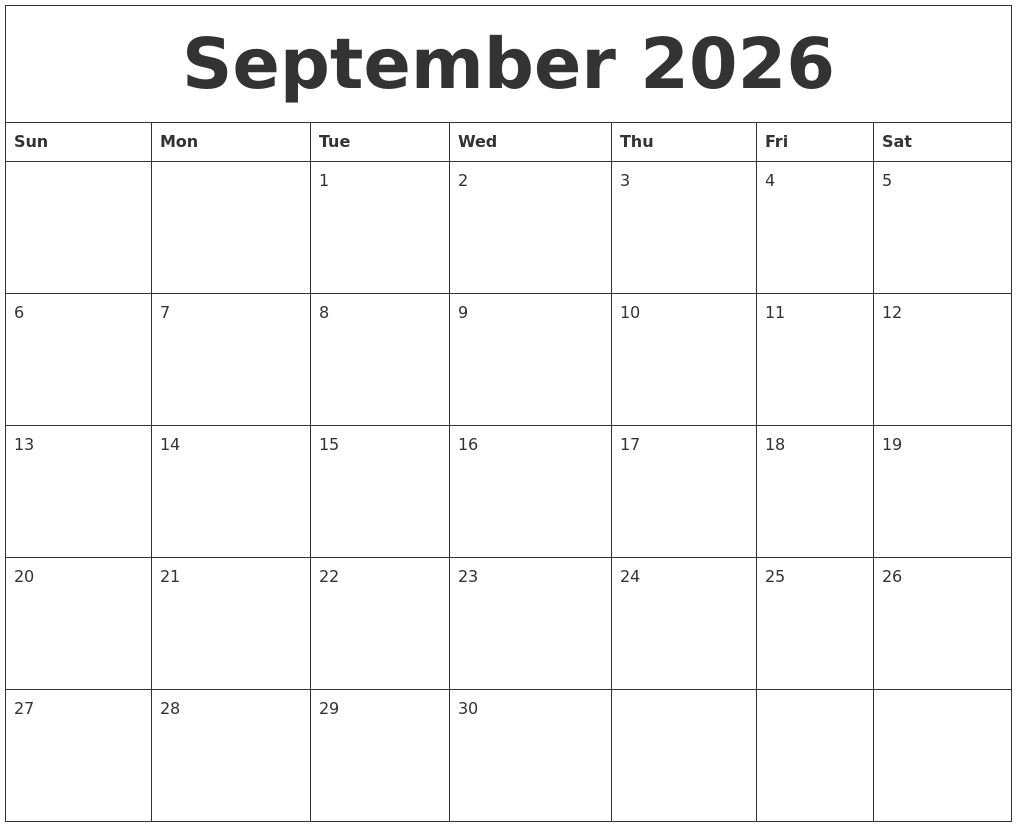 September 2026 Month Calendar Template