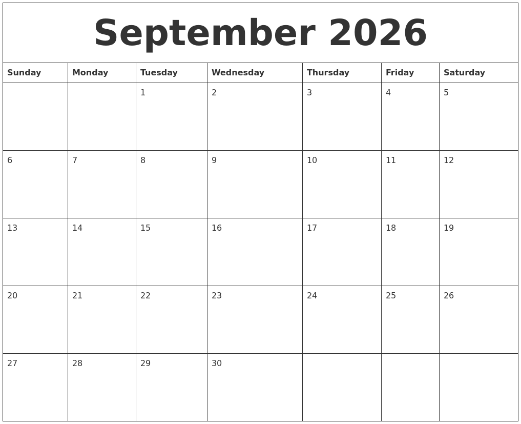 September 2026 Print Monthly Calendar