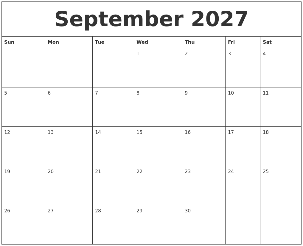 September 2027 Blank Calendar Printable