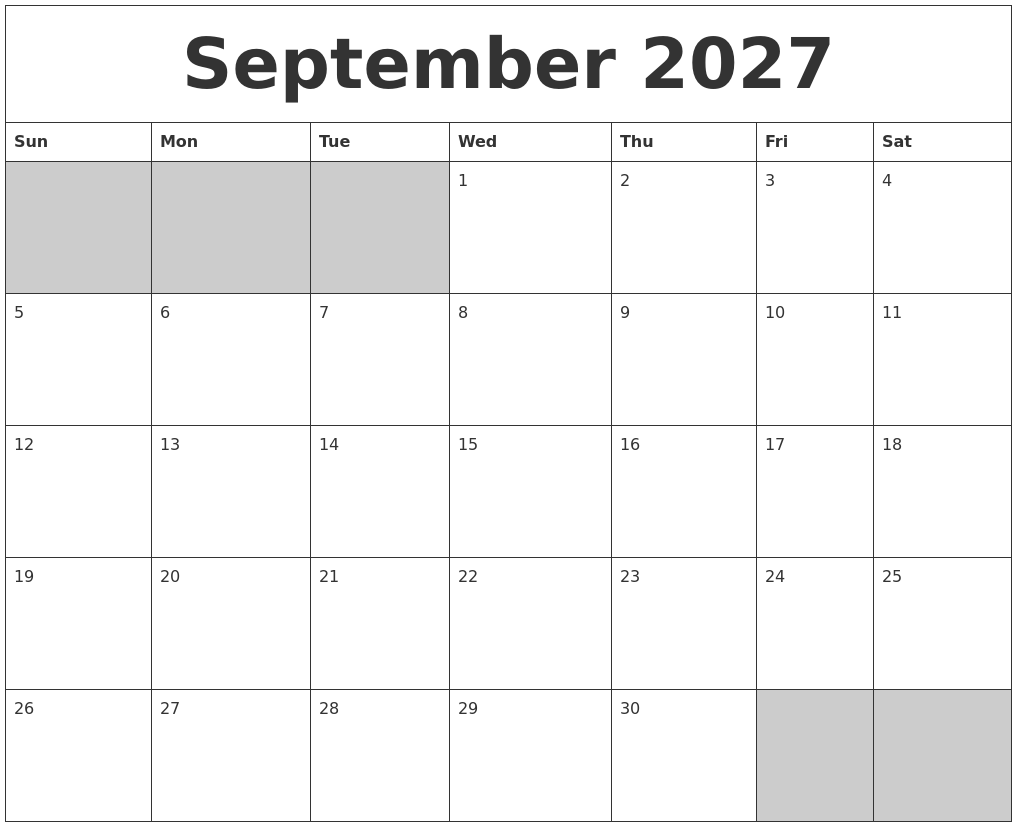 September 2027 Blank Printable Calendar