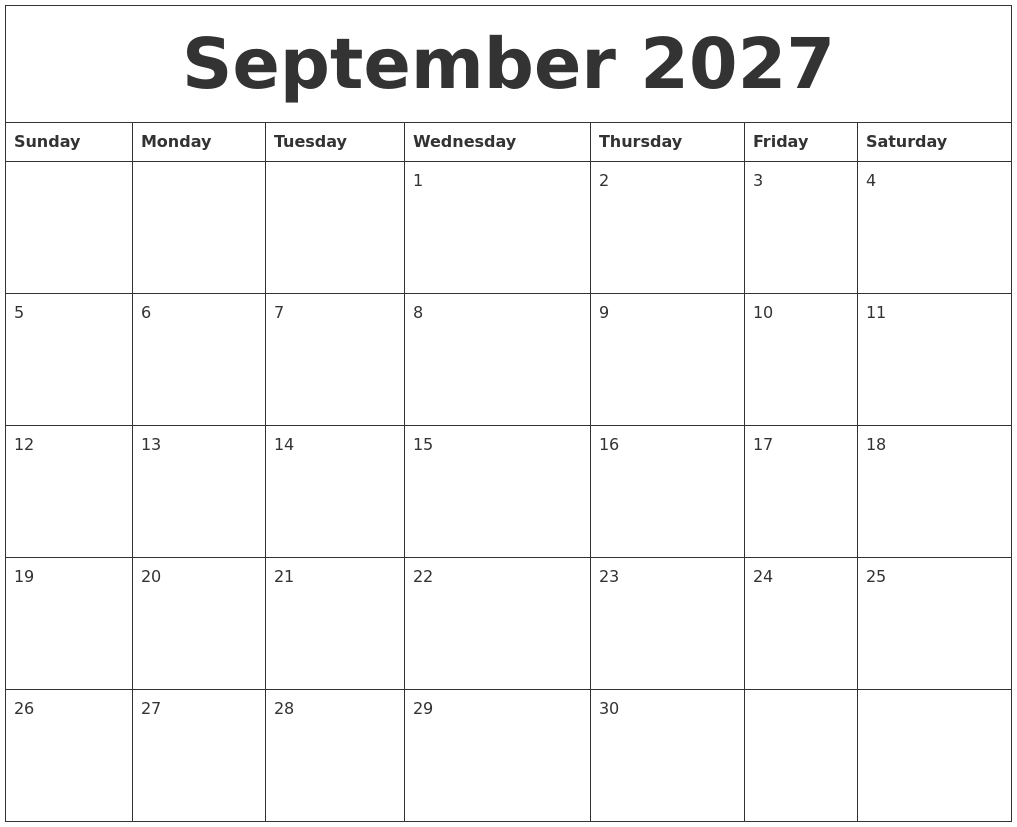 September 2027 Calender Print