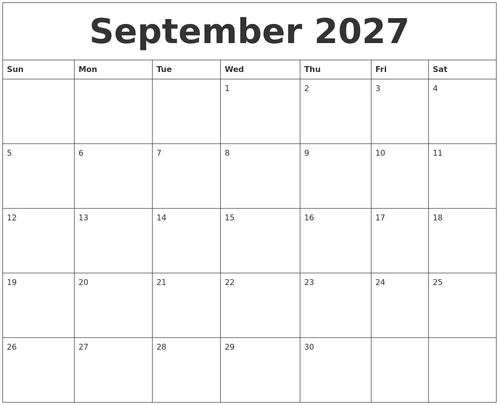 September 2027 Free Weekly Calendar