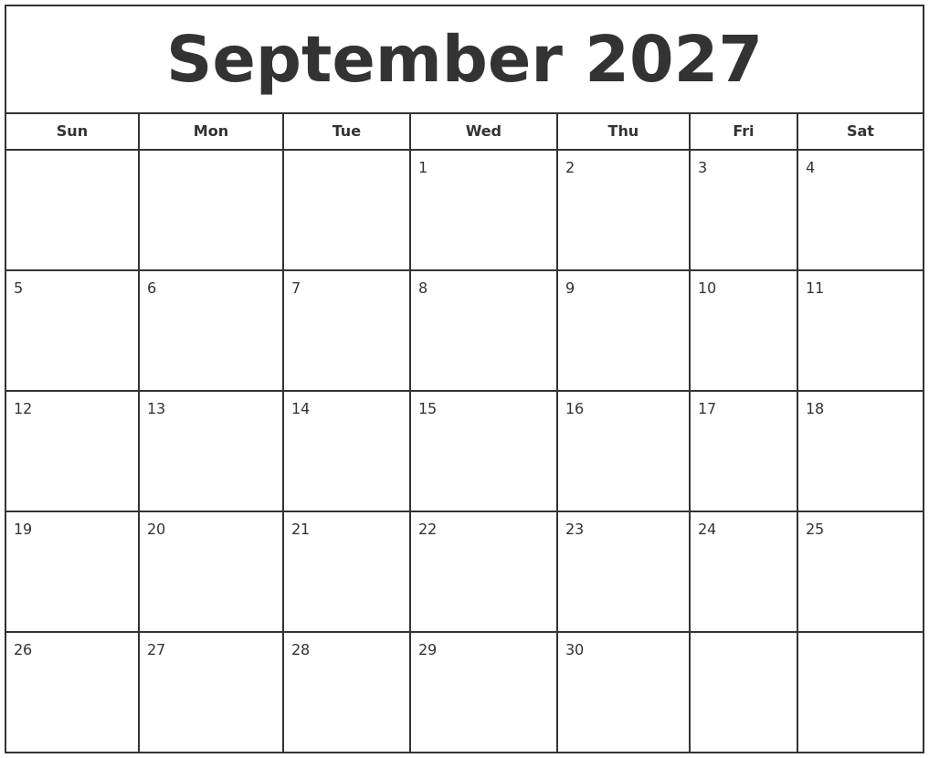 September 2027 Print Free Calendar