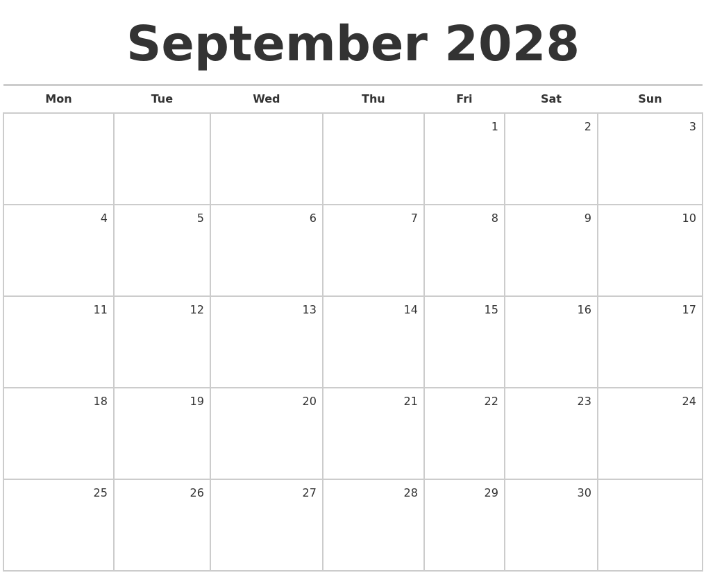 September 2028 Blank Monthly Calendar