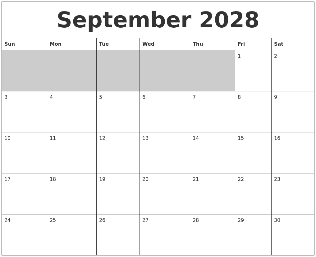 September 2028 Blank Printable Calendar