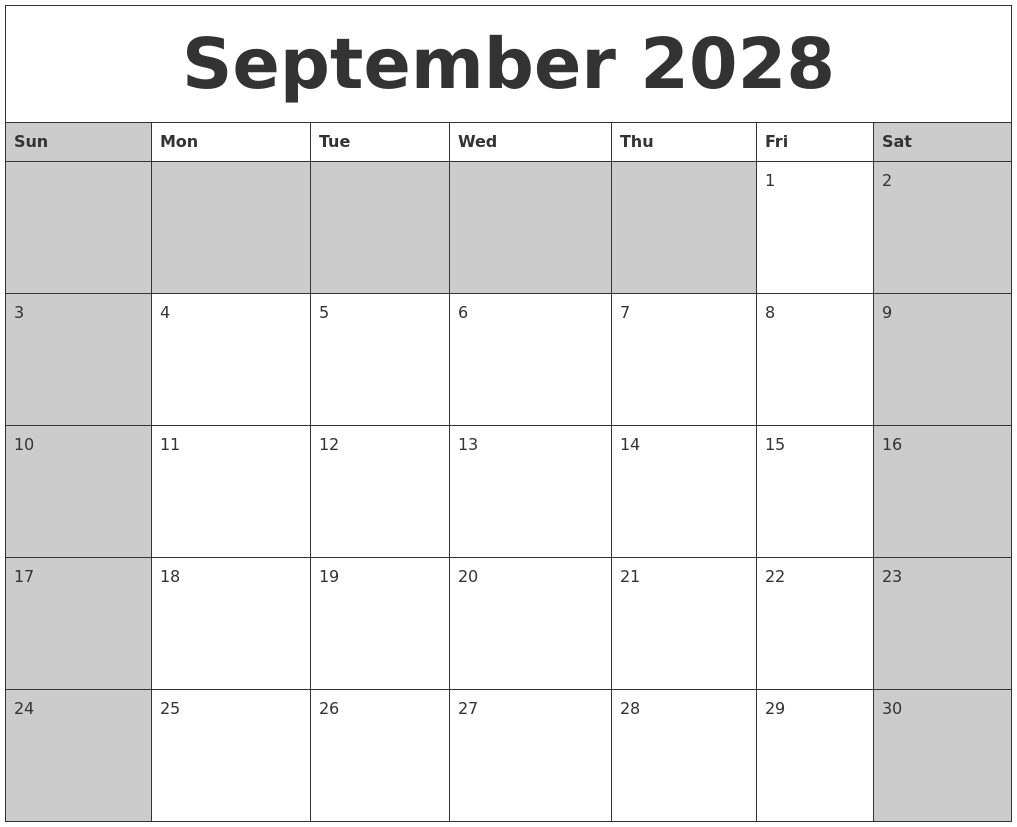 September 2028 Calanders