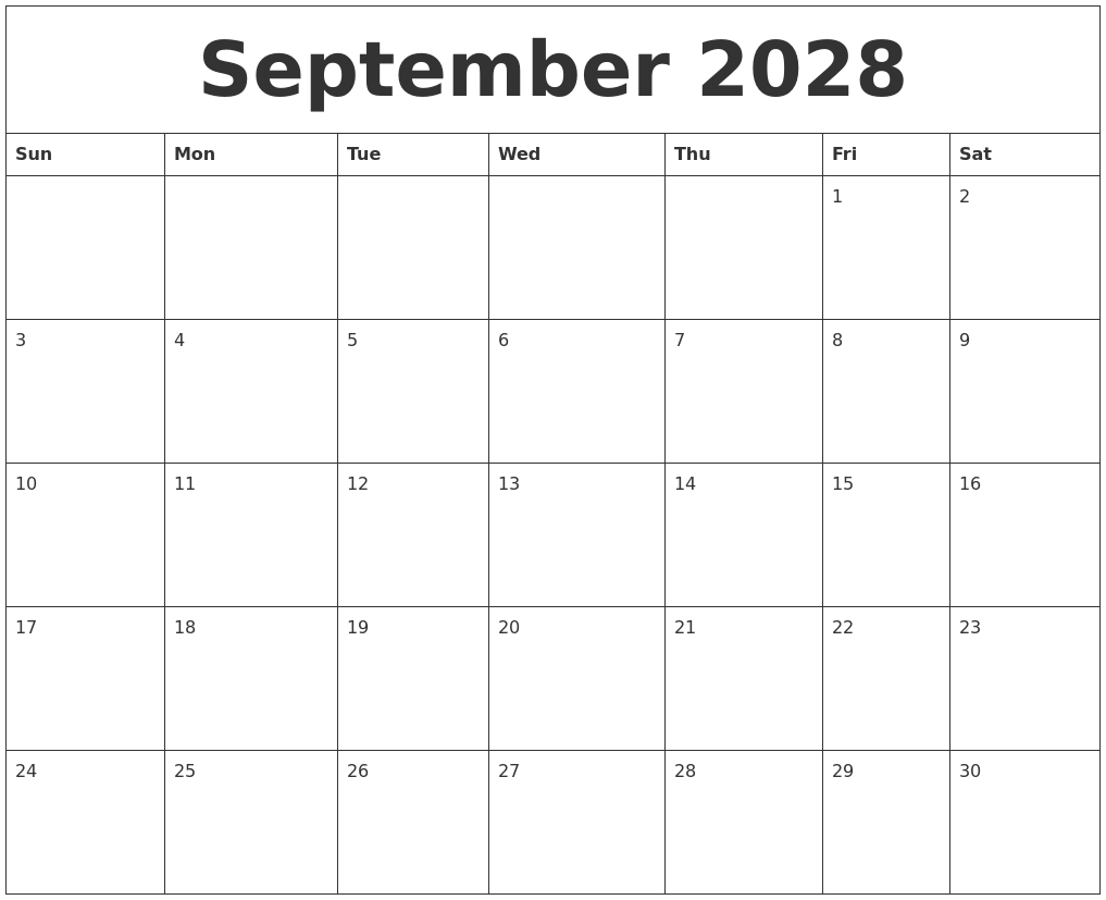 September 2028 Calendar For Printing