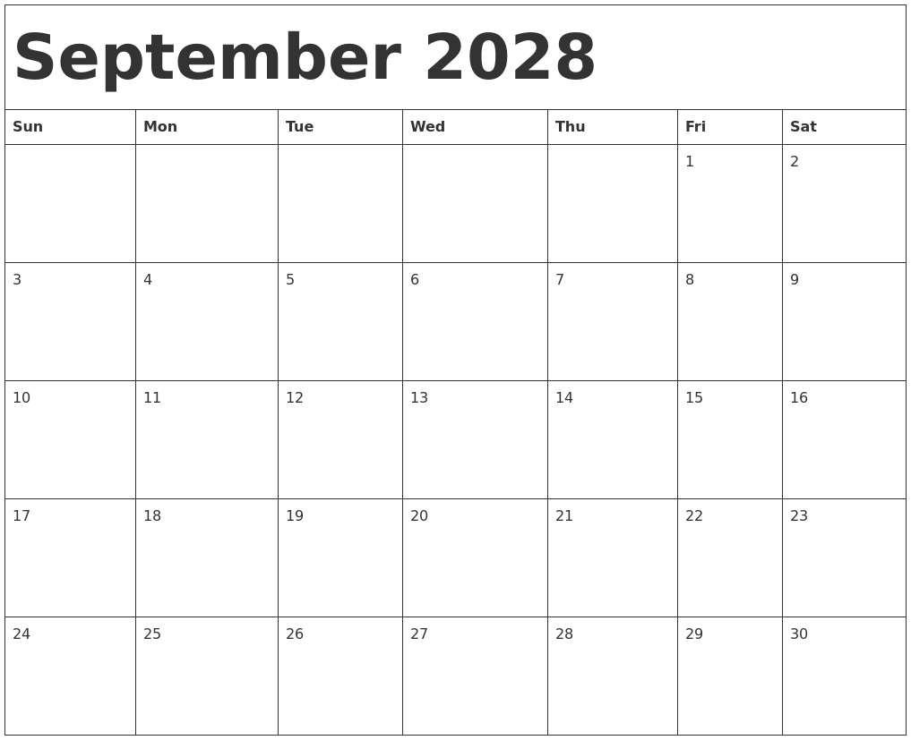September 2028 Calendar Template