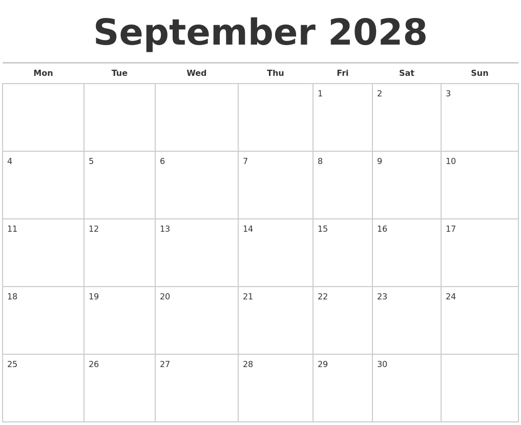 September 2028 Calendars Free