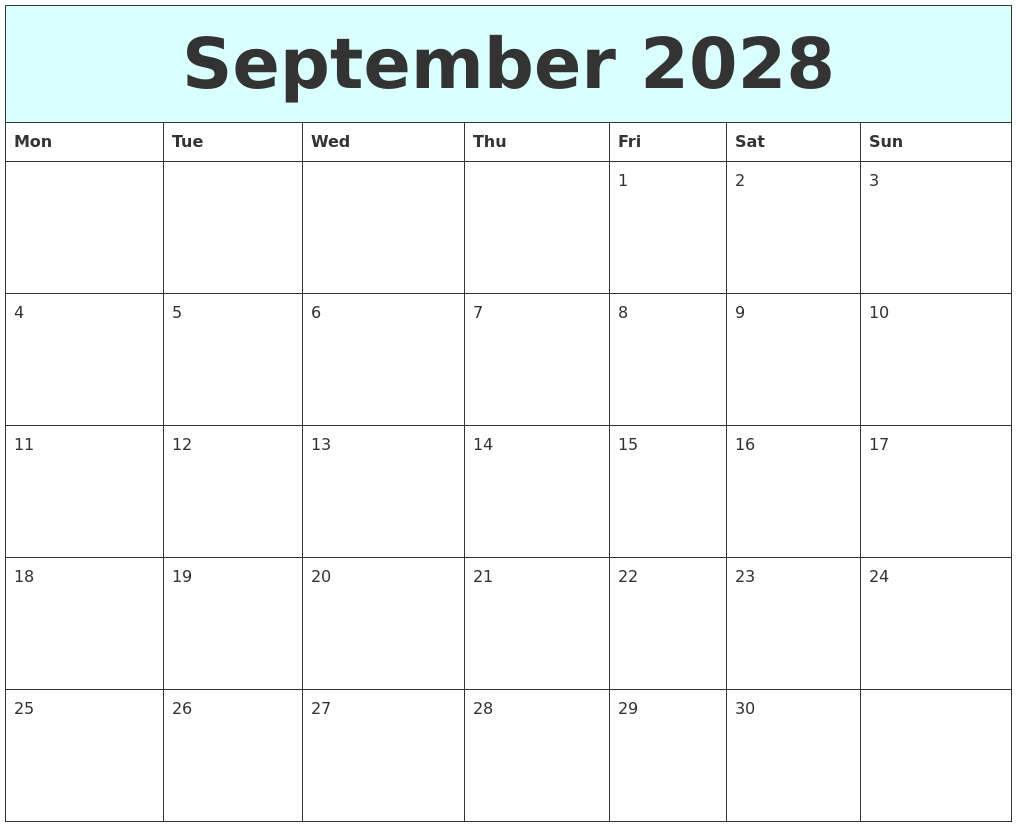 September 2028 Free Calendar