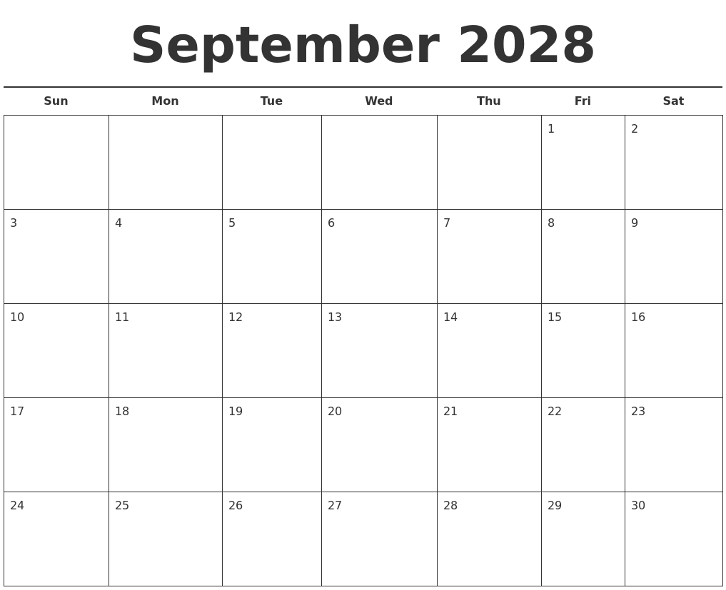 September 2028 Free Calendar Template