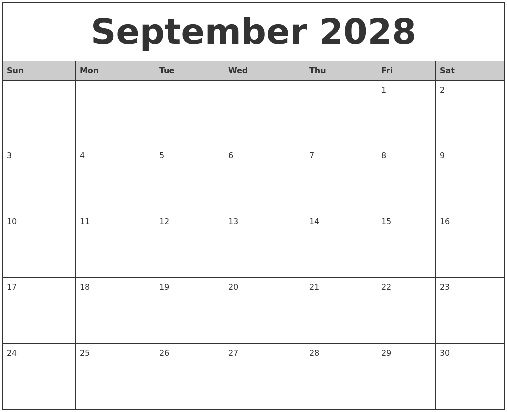September 2028 Monthly Calendar Printable