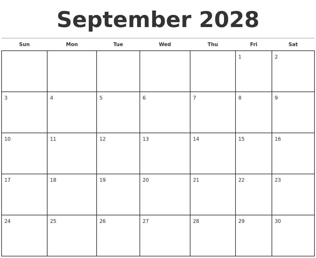 September 2028 Monthly Calendar Template
