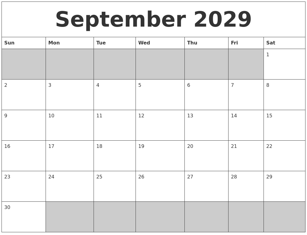 September 2029 Blank Printable Calendar