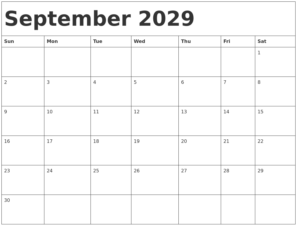 September 2029 Calendar Template