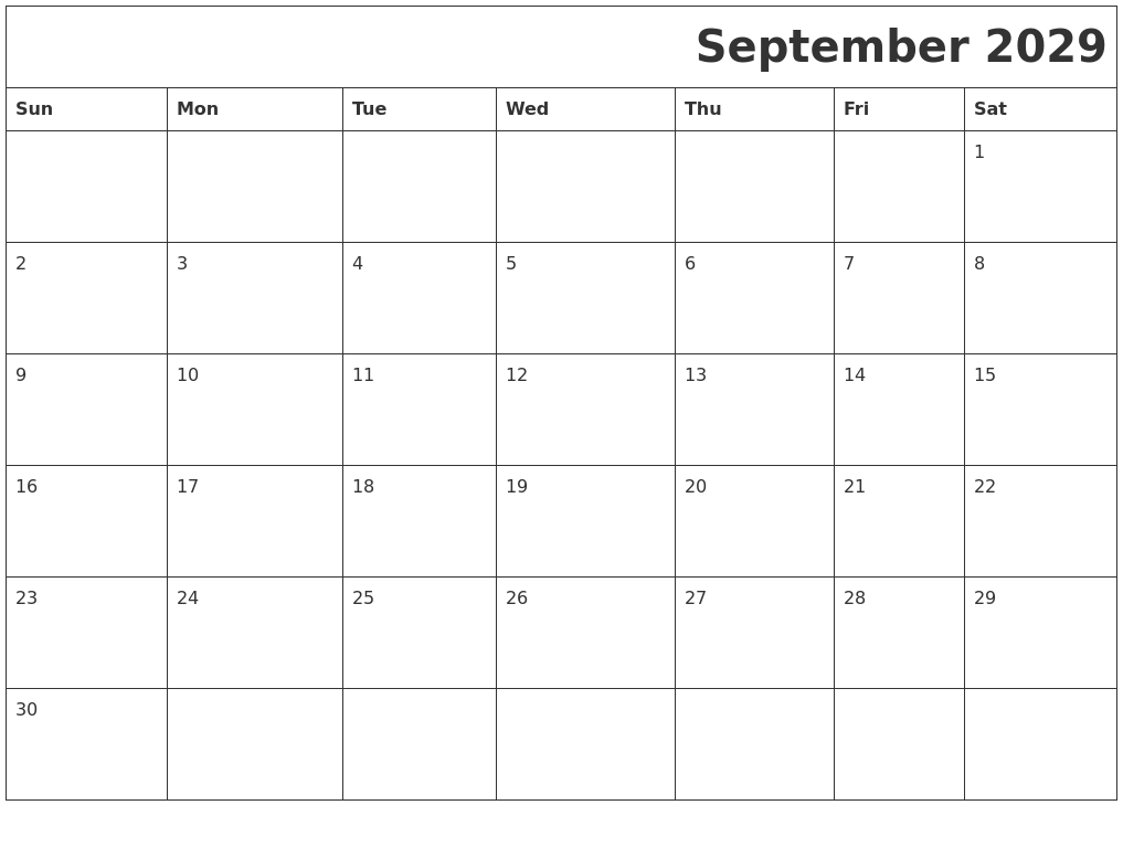 September 2029 Download Calendar